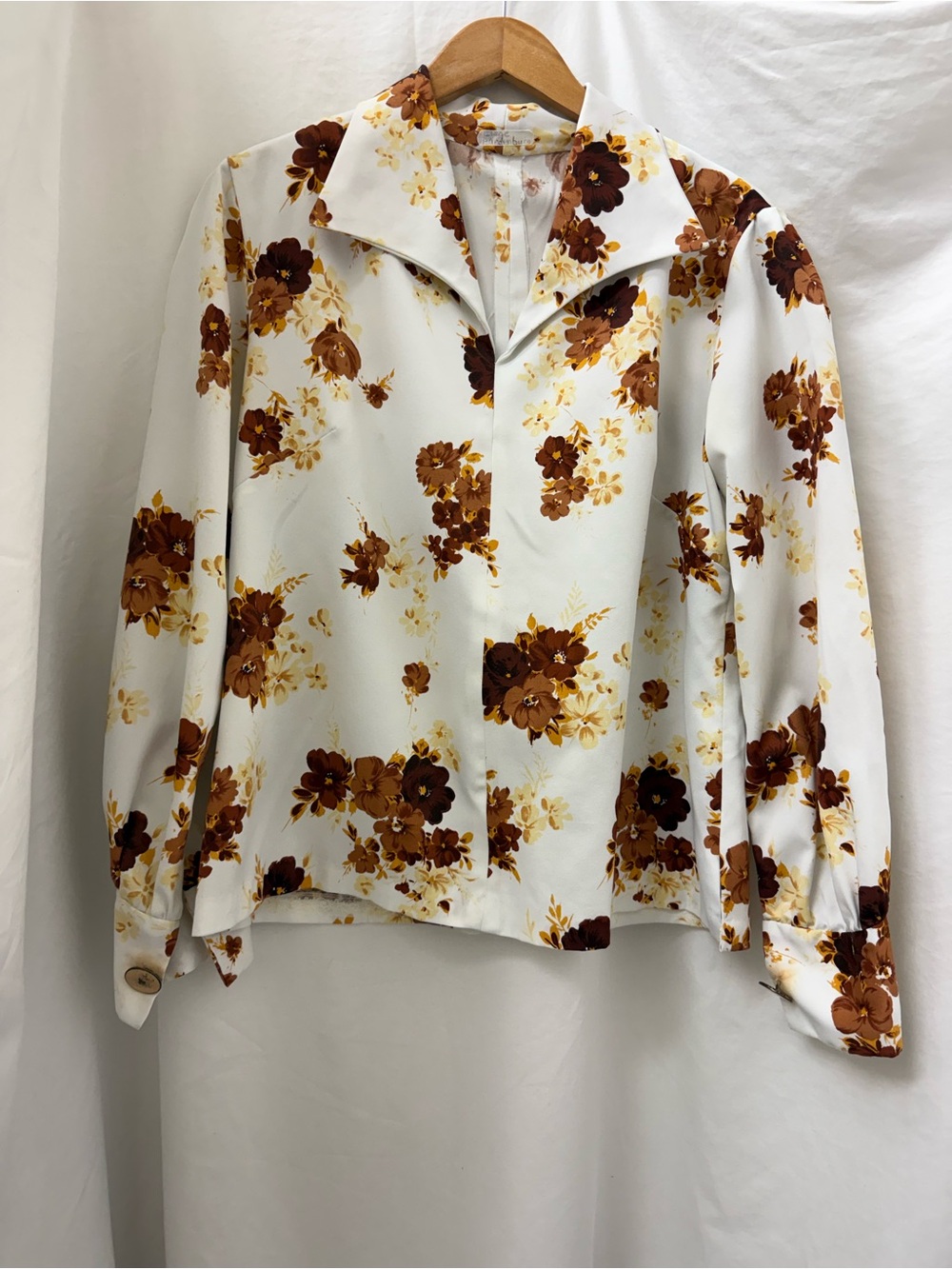 Retro Women's Floral Pullover Blouse - White with Brown Floral
